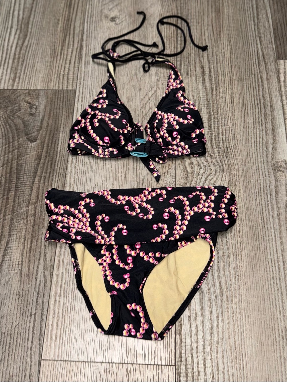 Waterpro purple 2 piece bikini black base pink gold beaded-look floral filigree